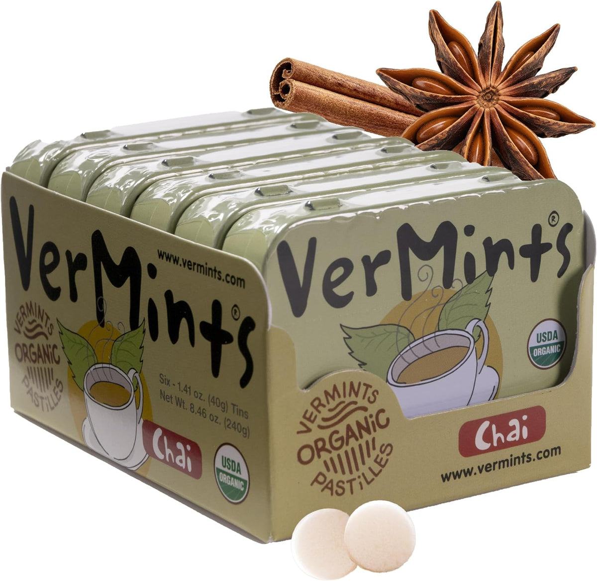 VerMints Organic Breath Mints - Peppermint, Ginger, Wintergreen, Cinnamon, Chai & Cafe Express Flavored Mints - Non-GMO, Gluten-Free, Vegan & Kosher Healthy Refresh - 1.41oz - 6 Variety Travel Tins - Image 13