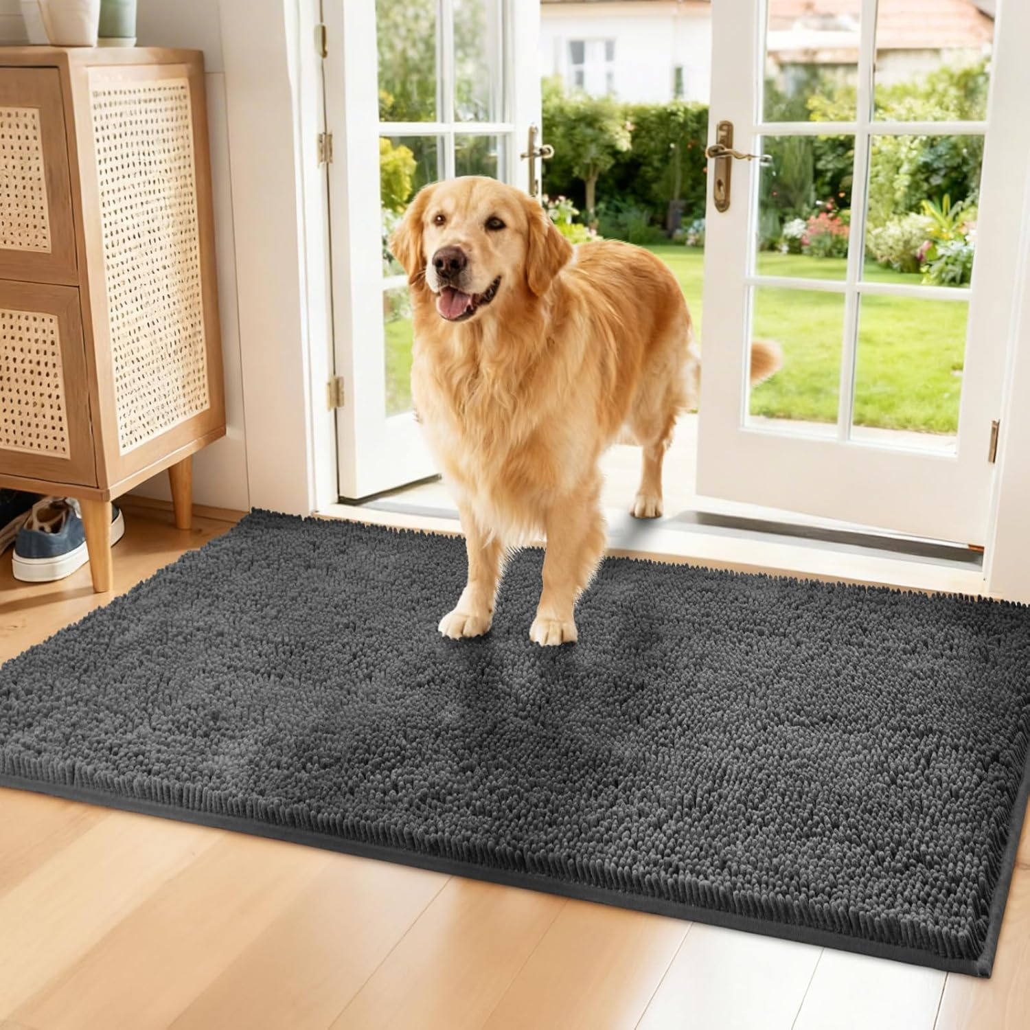 Naturei Chenille Absorbent Dog Door Mat front view trapping mud from large dog paws.