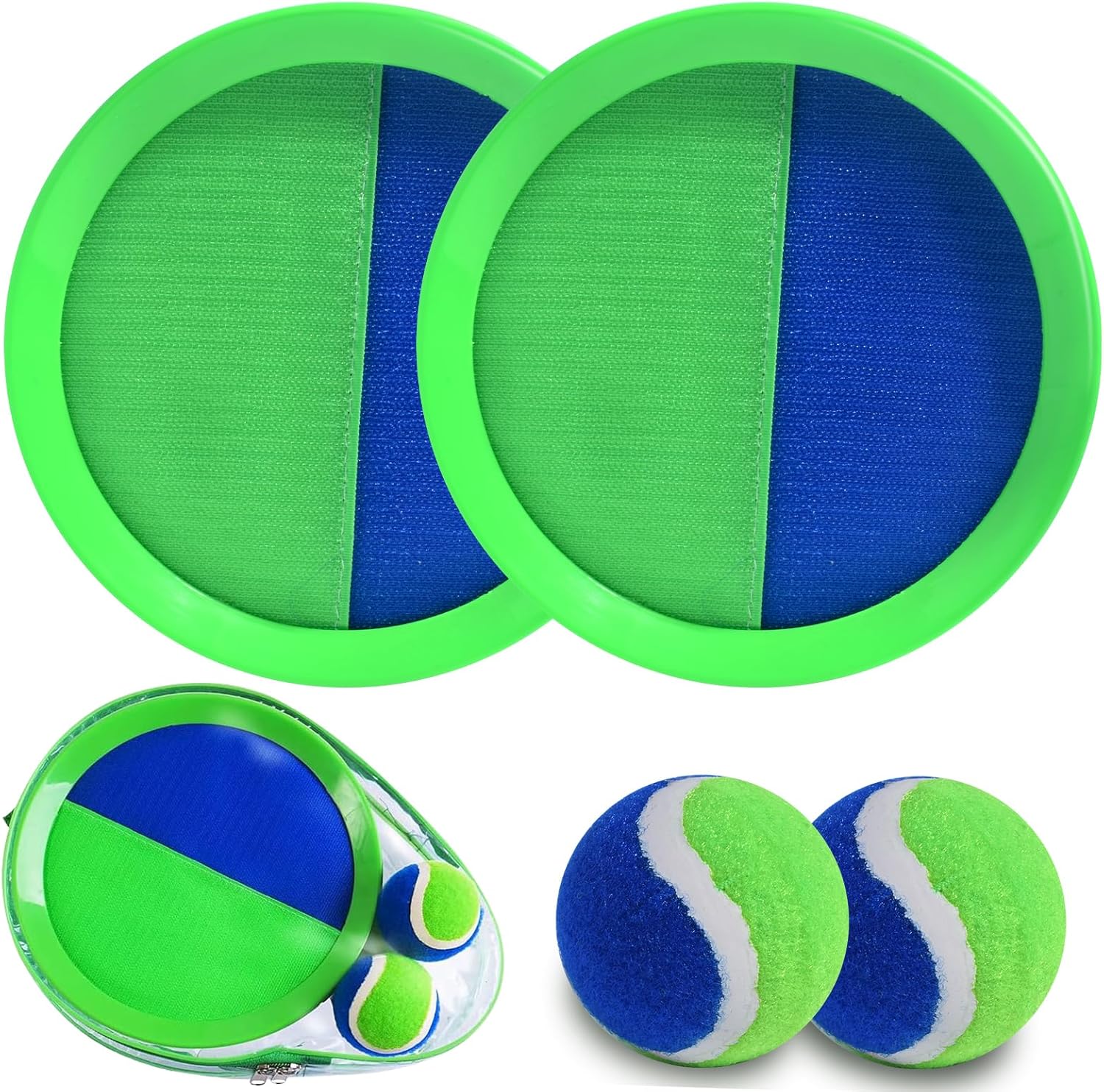 Everich Toy Toss and Catch Ball Set front view featuring two green paddles and two balls for outdoor games.