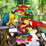 Close up view of the bird chew toy showing the dense cotton rope knots and non toxic dyed blocks for Macaws