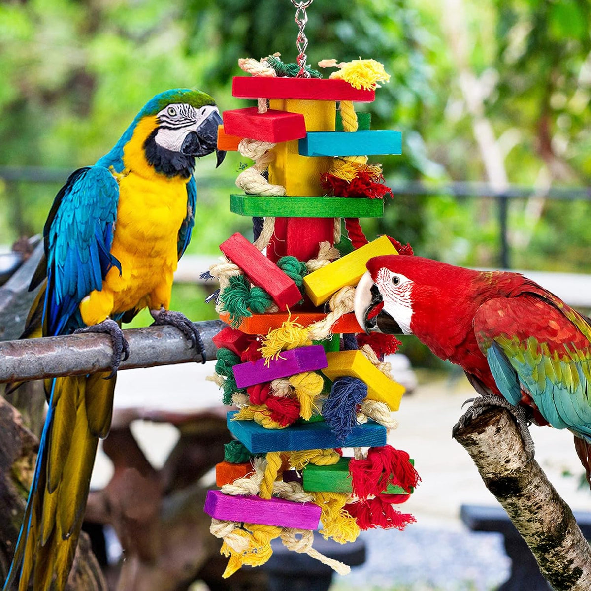 Close up view of the bird chew toy showing the dense cotton rope knots and non toxic dyed blocks for Macaws