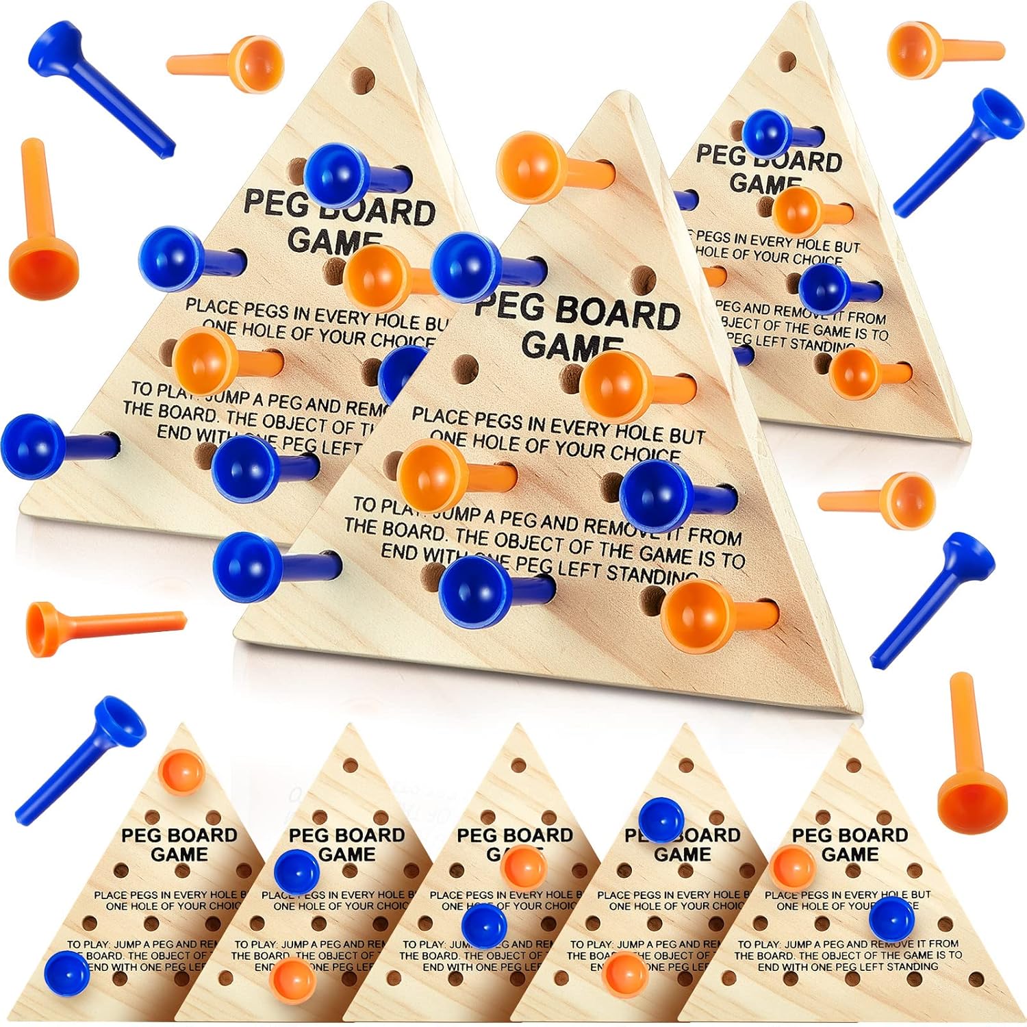 Zhanmai wooden triangle peg board game set front view showing premium solid wood strategy puzzle board with blue and orange plastic pegs.