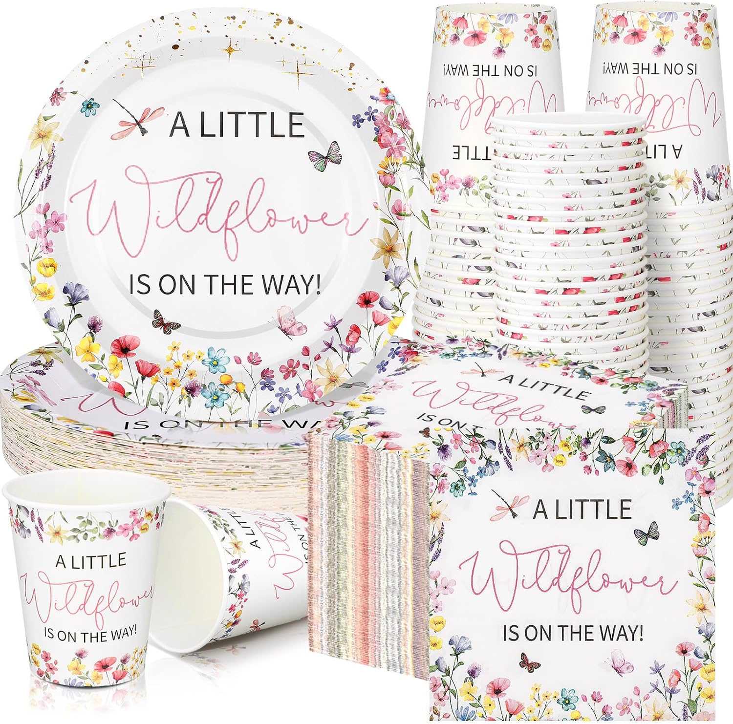 Hushee wildflower baby shower tableware set front view showcasing disposable floral plates and napkins