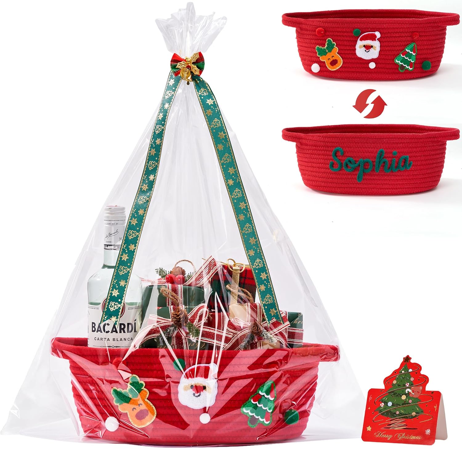 InfiBay Christmas gift baskets front view featuring red woven cotton rope and handles for holiday hampers.
