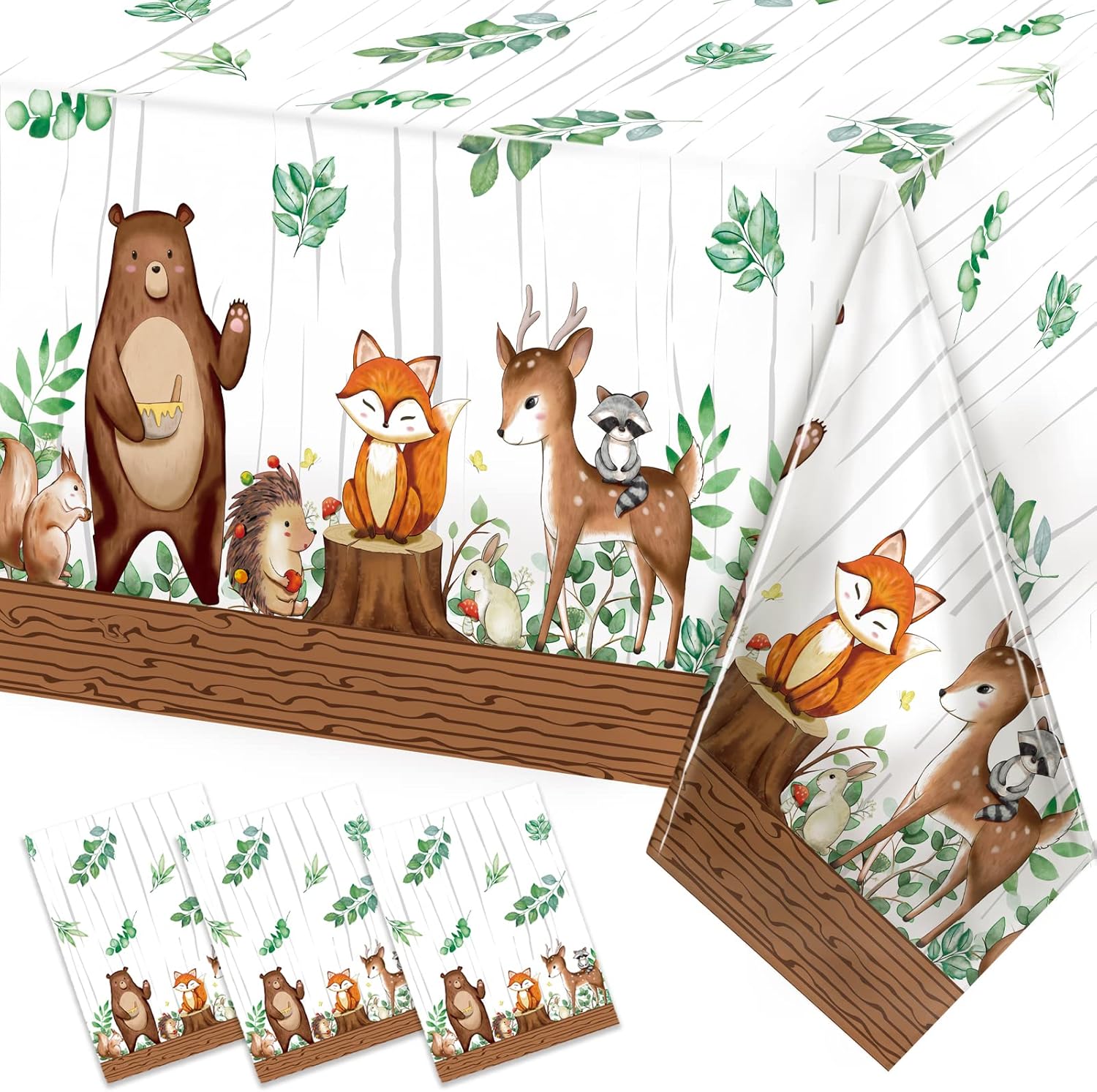 Trewave Woodland Animals Plastic Tablecloth front view showing cute forest creature prints.
