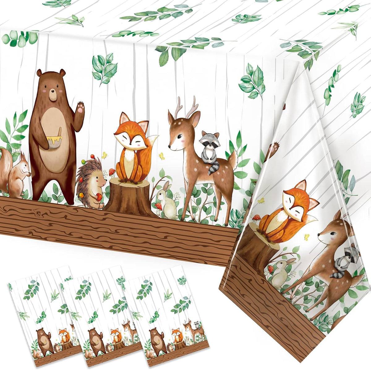 Trewave Woodland Animals Plastic Tablecloth front view showing cute forest creature prints.