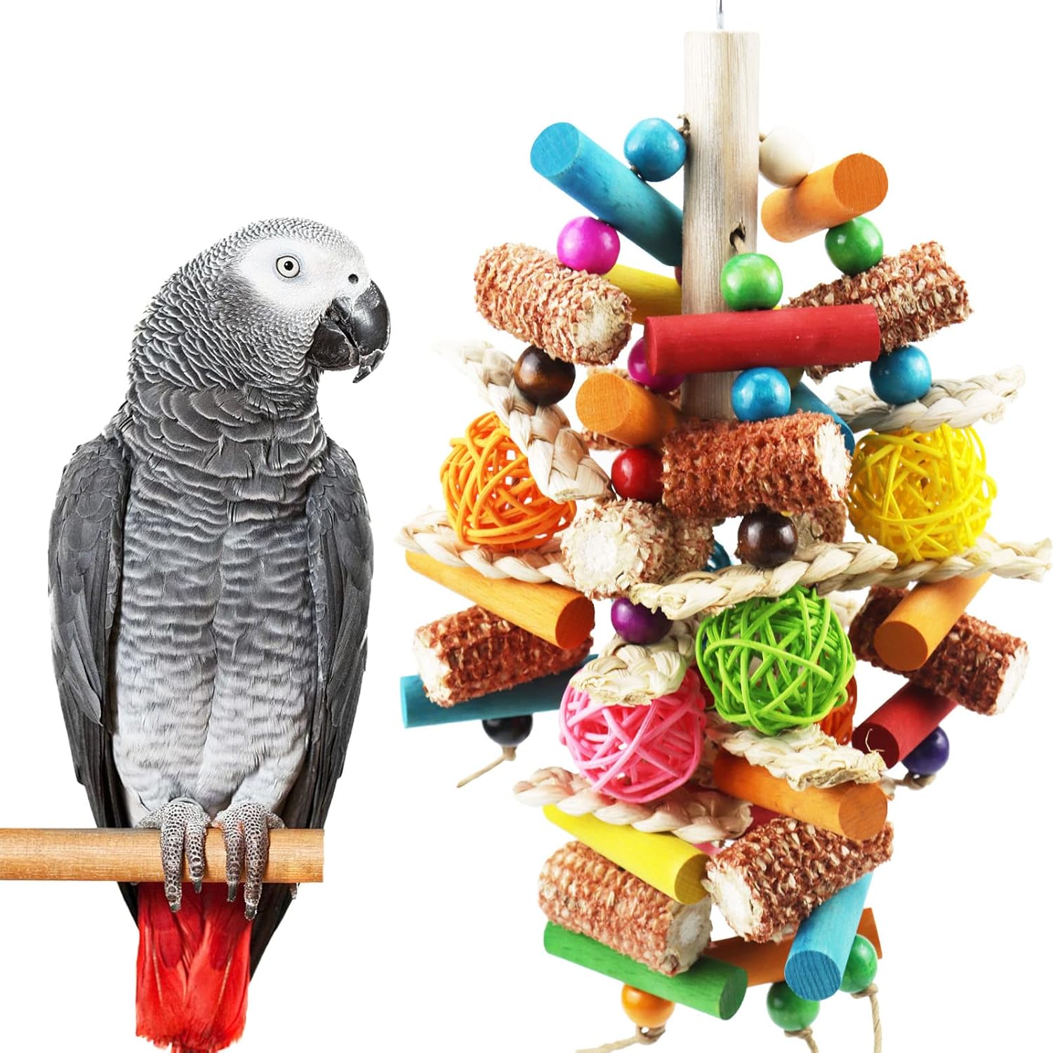 Kewkont natural peppered wood large bird toy hanging front view inside a parrot cage.