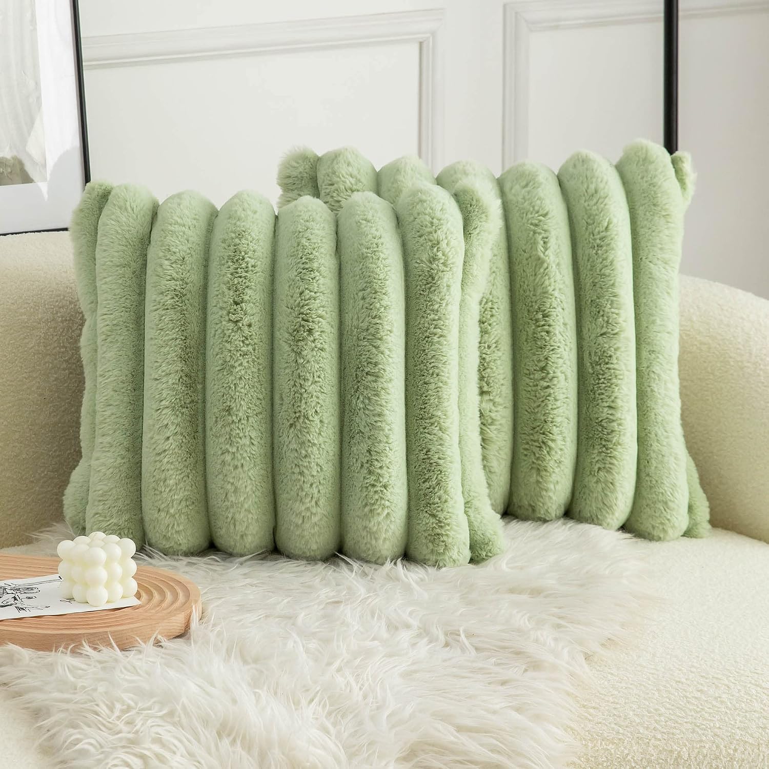 Neelvin green faux fur striped throw pillow cover front view