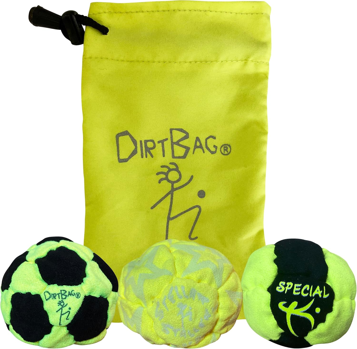 Dirtbag Medley Footbag Three Pack with signature carry pouch front view highlighting handmade premium quality