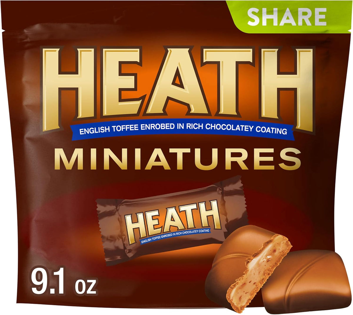 Heath Miniatures Chocolatey English Toffee Candy assortment showing shareable bite sized pieces