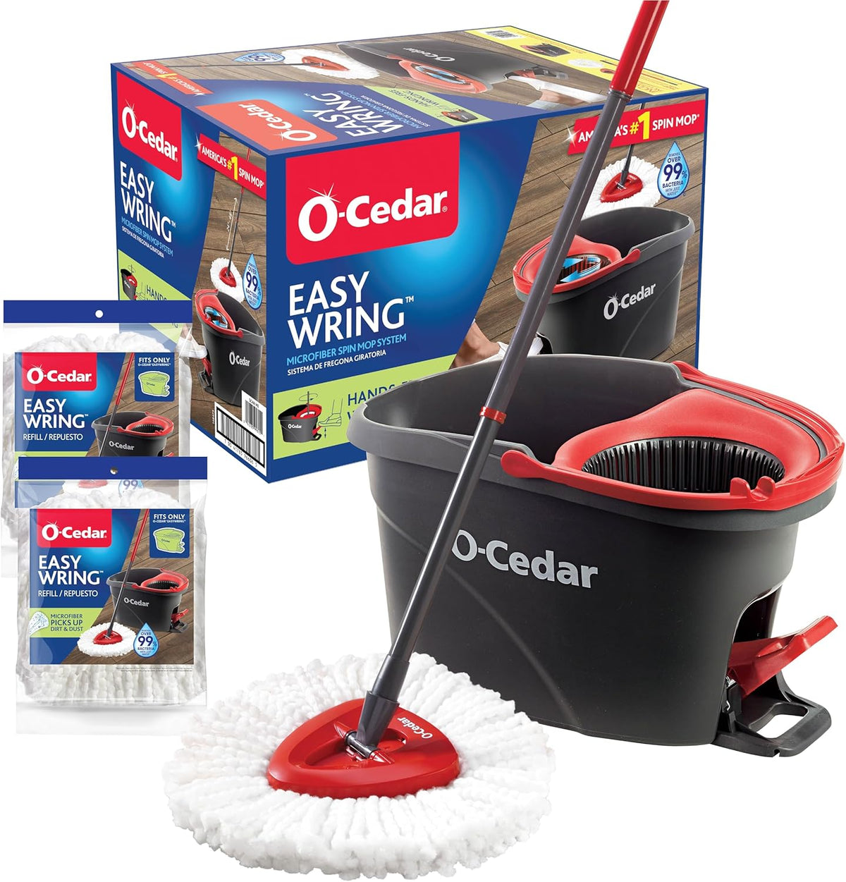 O-Cedar EasyWring Microfiber Spin Mop and Bucket front view for professional floor cleaning.