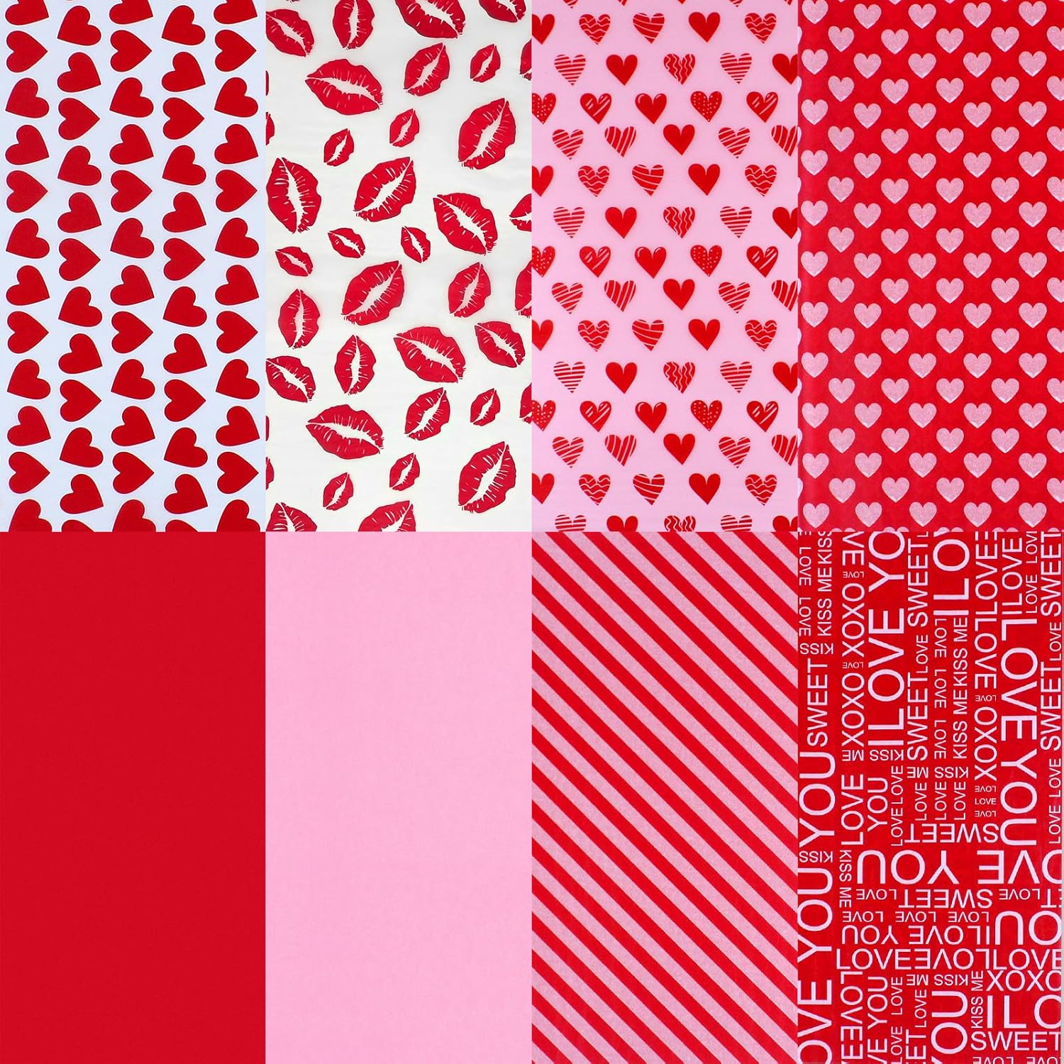 Aorzit Valentines Day Tissue Paper front view of eight romantic red and pink patterns for gift wrapping