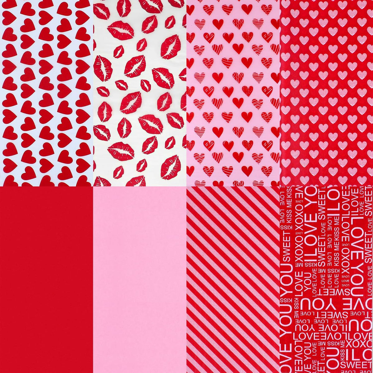 Aorzit Valentines Day Tissue Paper front view of eight romantic red and pink patterns for gift wrapping