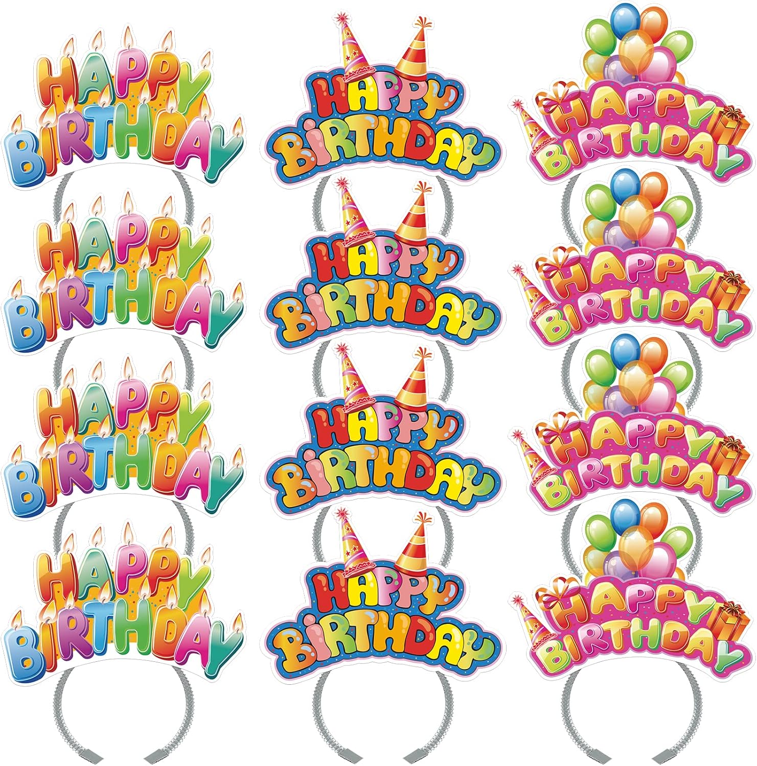 KKBES Happy Birthday Headbands twelve pack front view showing three colorful patterns