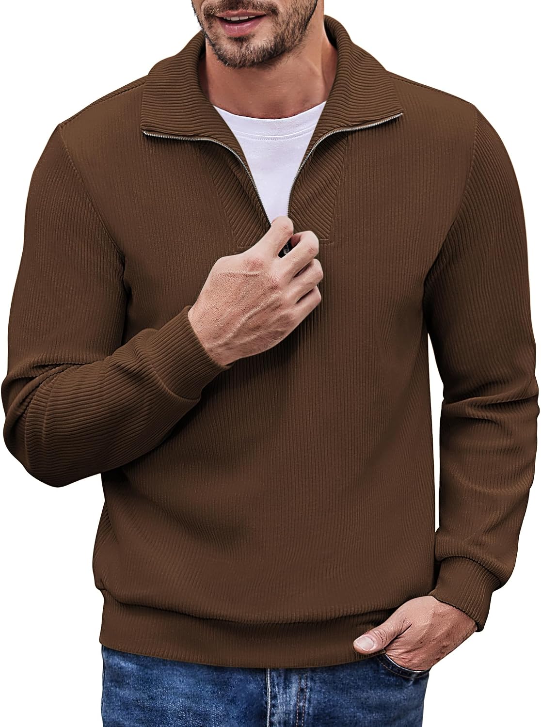 COOFANDY Men's Quarter Zip Up Pullover Mock Neck Long Sleeve Sweater Casual Corduroy Polo Sweatshirt - Image 15