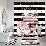 Cinbloo 4Pcs Pink Black Bathroom Set front view showcasing the floral perfume and high heels design on the shower curtain.