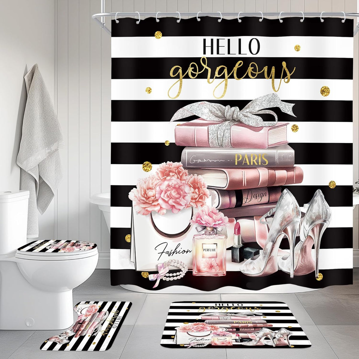Cinbloo 4Pcs Pink Black Bathroom Set front view showcasing the floral perfume and high heels design on the shower curtain.