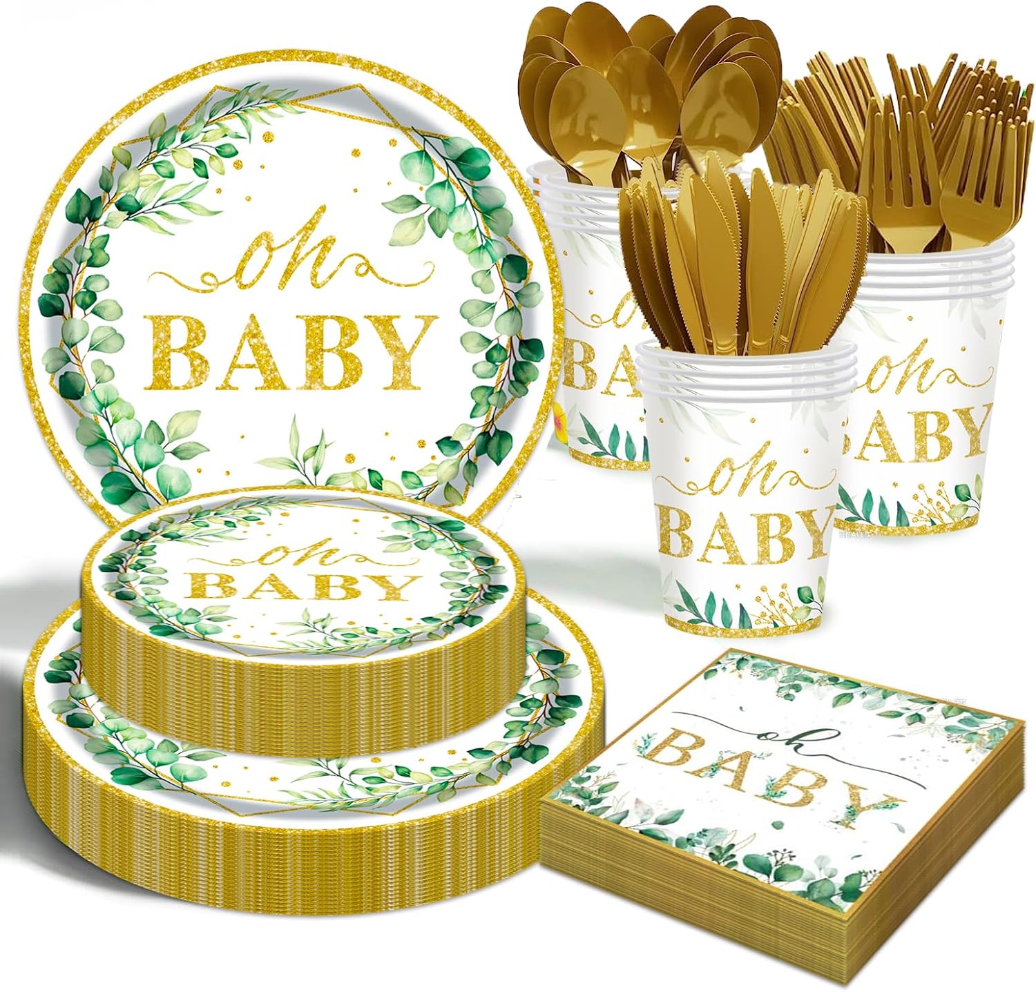 Ecomore Sage Greenery 175 piece baby shower tableware set front view
