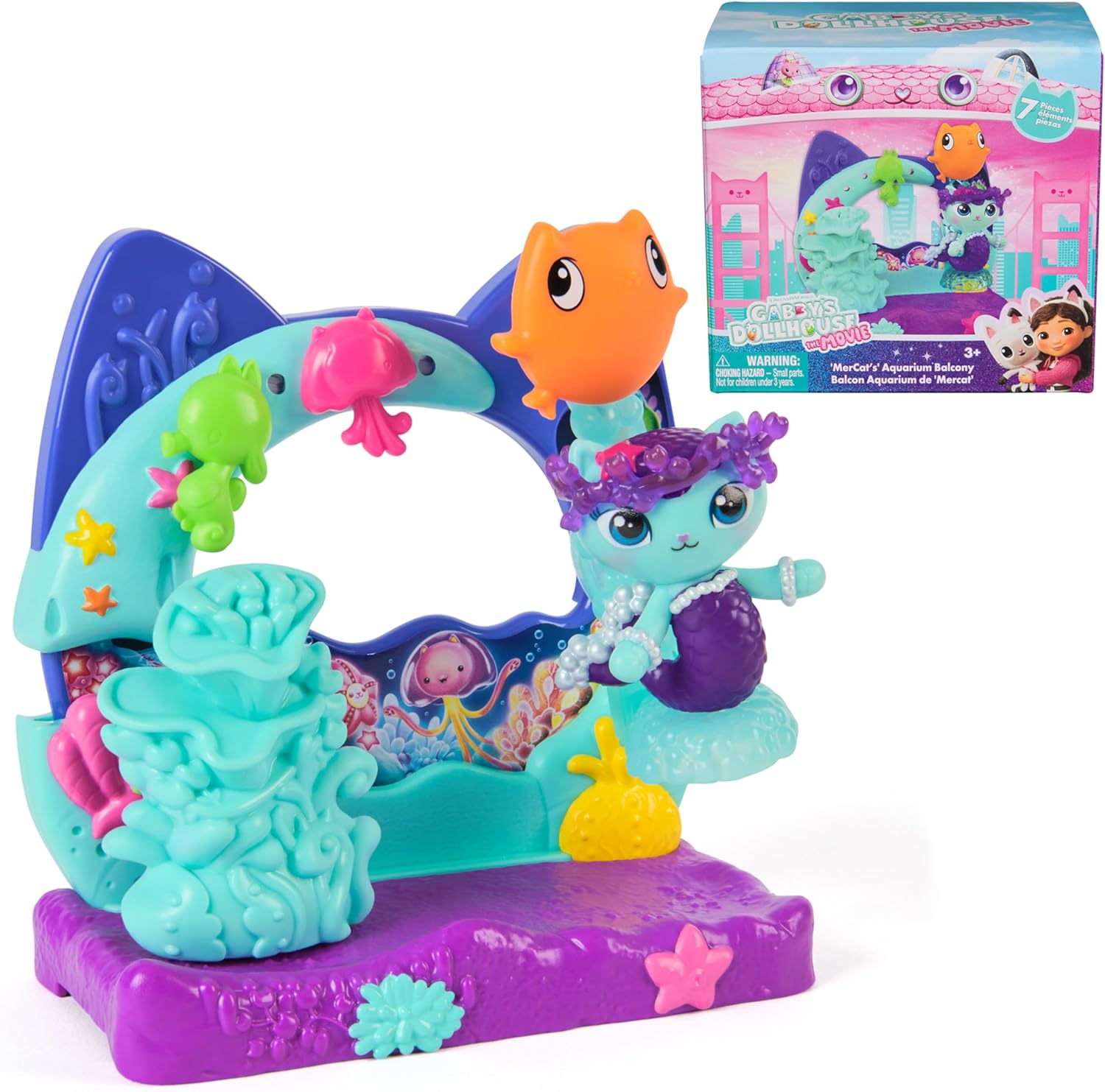 DreamWorks Gabby's Dollhouse Mercat's Aquarium Balcony playset front view showcasing the purple balcony structure and teal details.