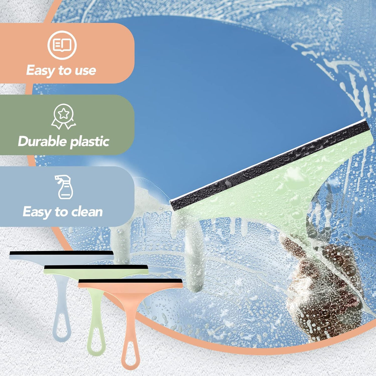 Demonstration of the Didaey silicone squeegee wiping a bathroom glass shower door.