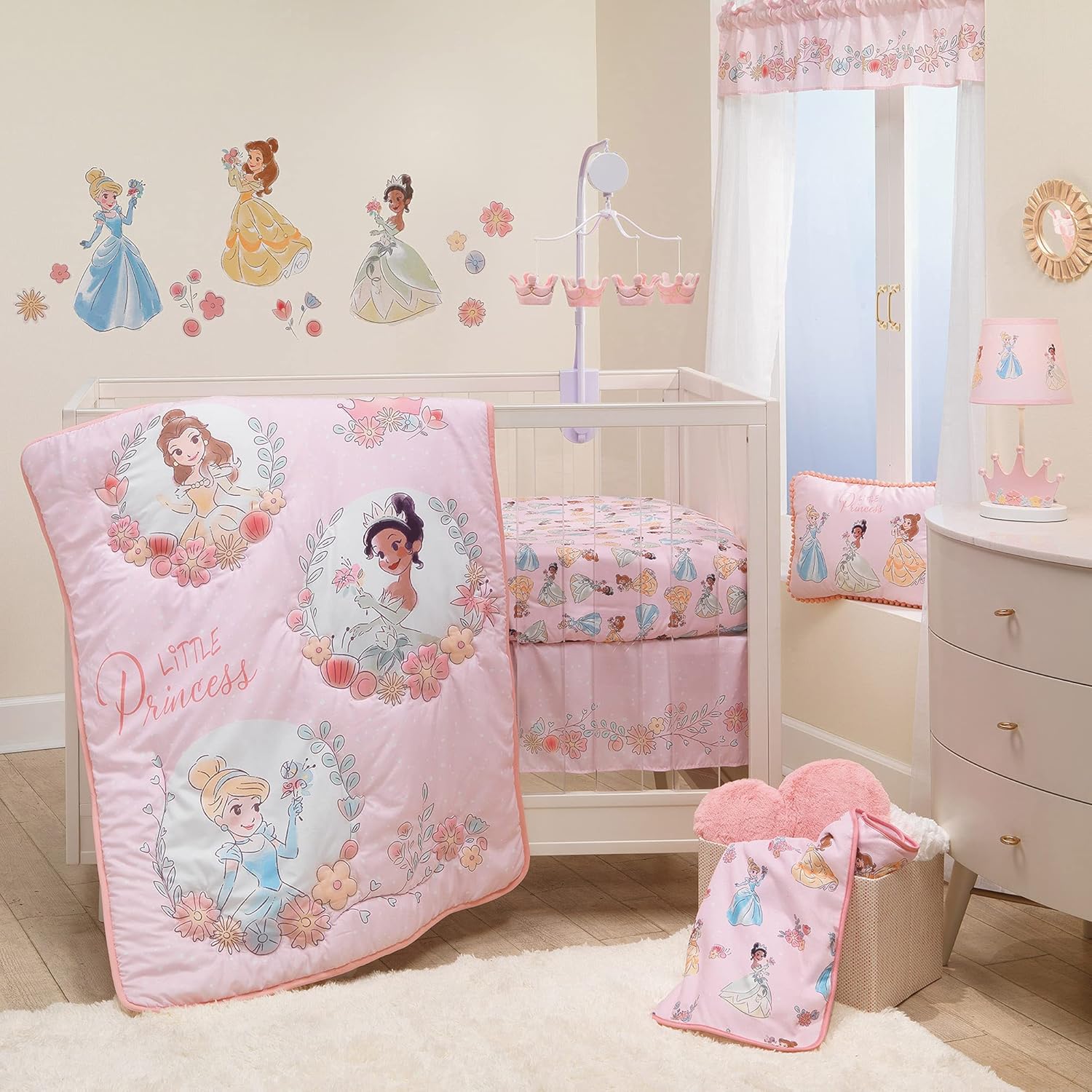 Lambs & Ivy Disney Princesses crib bedding set front view showcasing the quilted comforter with Belle Tiana and Cinderella