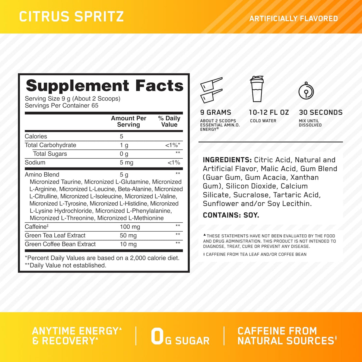Close up of the supplement facts panel on the Optimum Nutrition Citrus Spritz sixty five servings container.