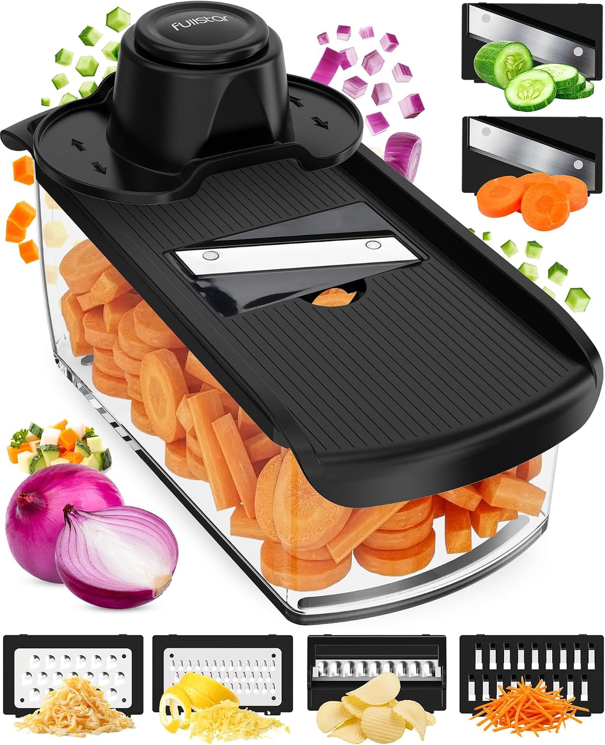 Fullstar Pro Mandoline Vegetable Slicer, Grater & Spiralizer with Container | 6 in 1 Fruit Cutter, Cheese Grater & Spiralizer with Safety Gloves, Stainless Steel Blades & Container (White/Black) - Image 11