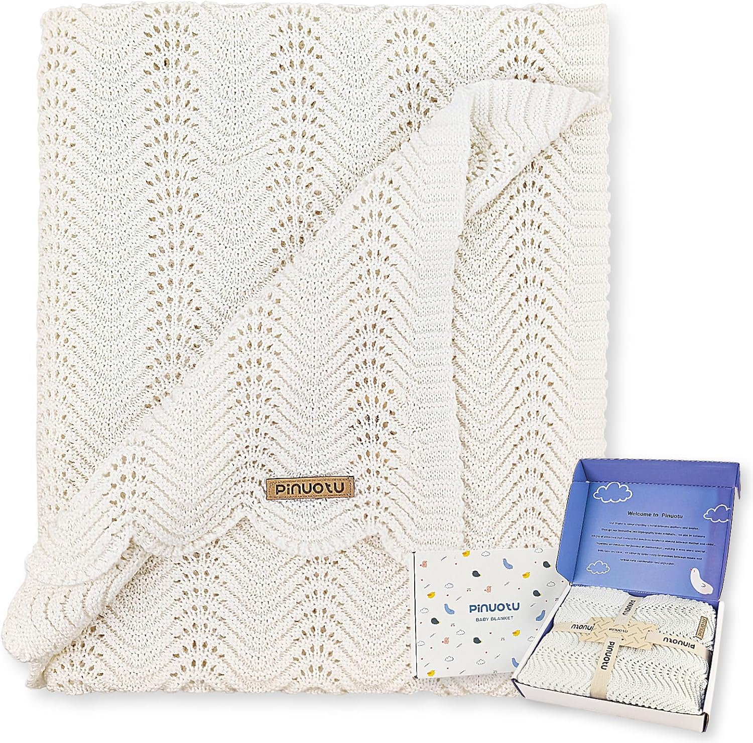 Pinuotu cotton knitted baby blanket front view in neutral white
