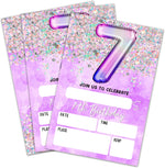 AKTFV 7th birthday invitation cards front view featuring purple holographic balloon design.