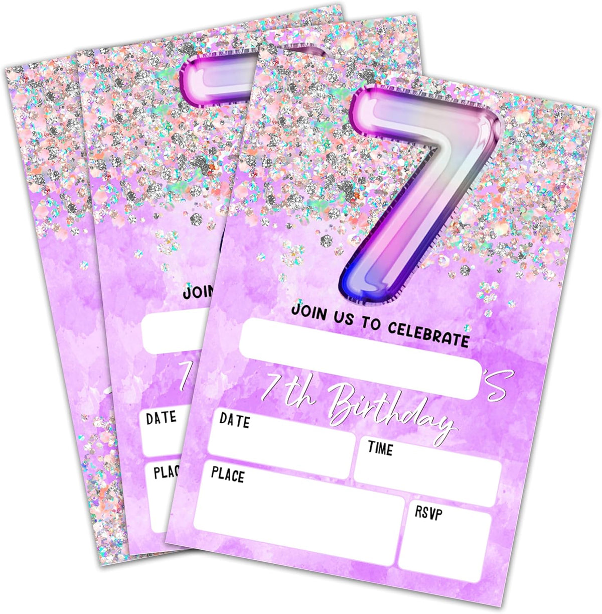 AKTFV 7th birthday invitation cards front view featuring purple holographic balloon design.