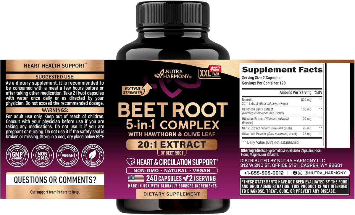 Nutraharmony beet root 240 count supplement bottle back label ingredients