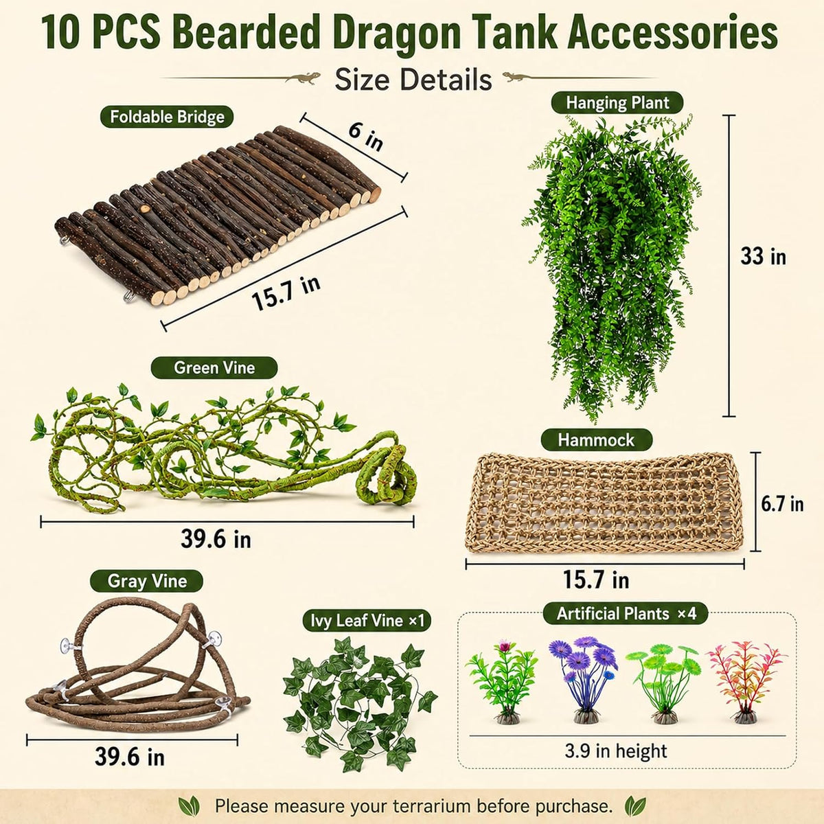 Complete reptile habitat setup with 10 piece decor