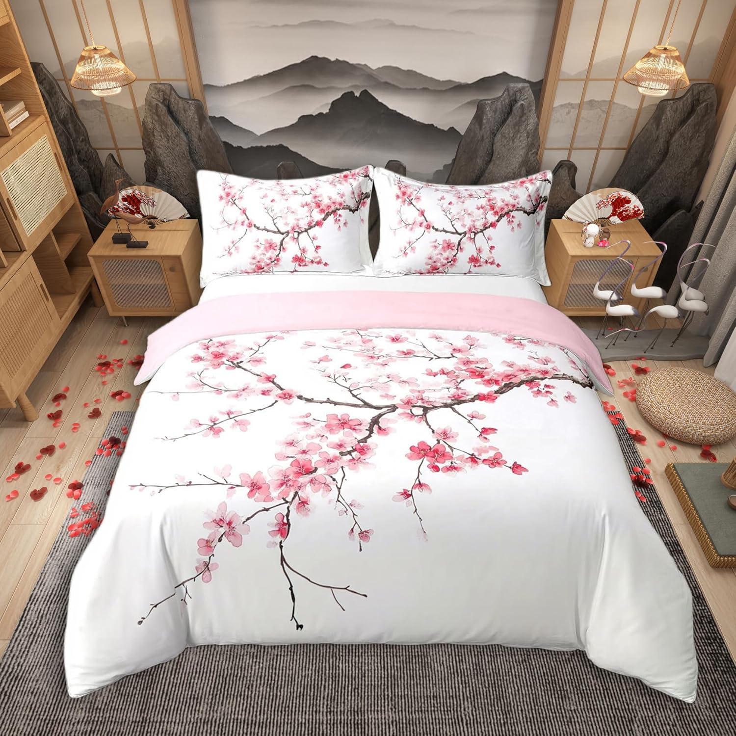 Manfei cherry blossom cotton duvet cover twin size front view on bed