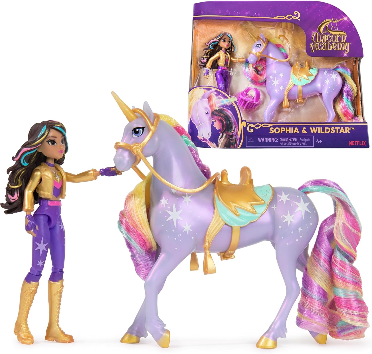 Unicorn Academy Sophia and Wildstar toy set showing the front view of the doll and unicorn pack.