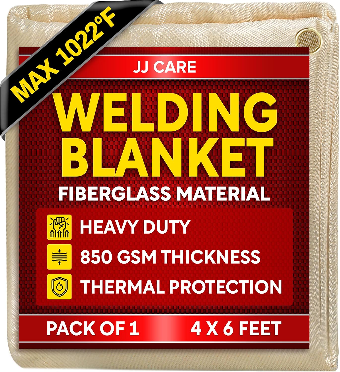JJ Care fiberglass welding blanket front view showing 4ft by 6ft dimensions