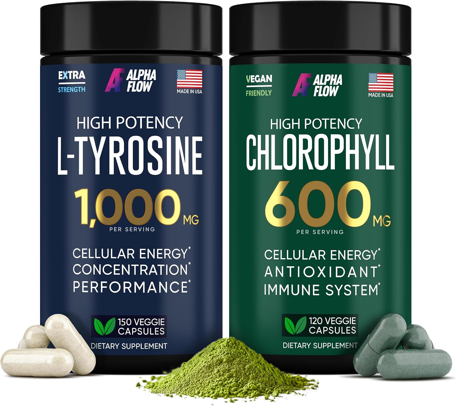 Alpha Flow chlorophyll and L-tyrosine capsules front view supplement bottle