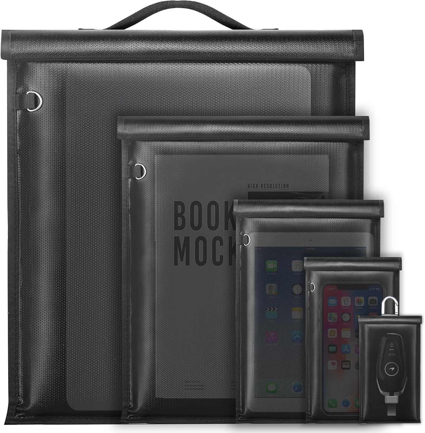 BeautybucketZJL 5 pack Faraday bags front view showing five different sizes of black signal blocking pouches.