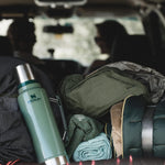 Close up view of the durable rust proof eighteen eight stainless steel base of the Stanley bottle.