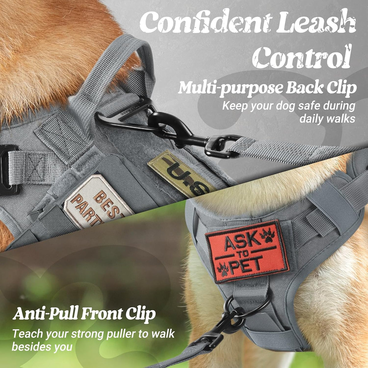 Hook-and-loop patch panels on the tactical dog harness for customized badges