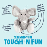 Durable elephant plush pet toy with chew guard lining for heavy play.