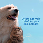 Adams Ear Mite Treatment bottle next to a dog and cat