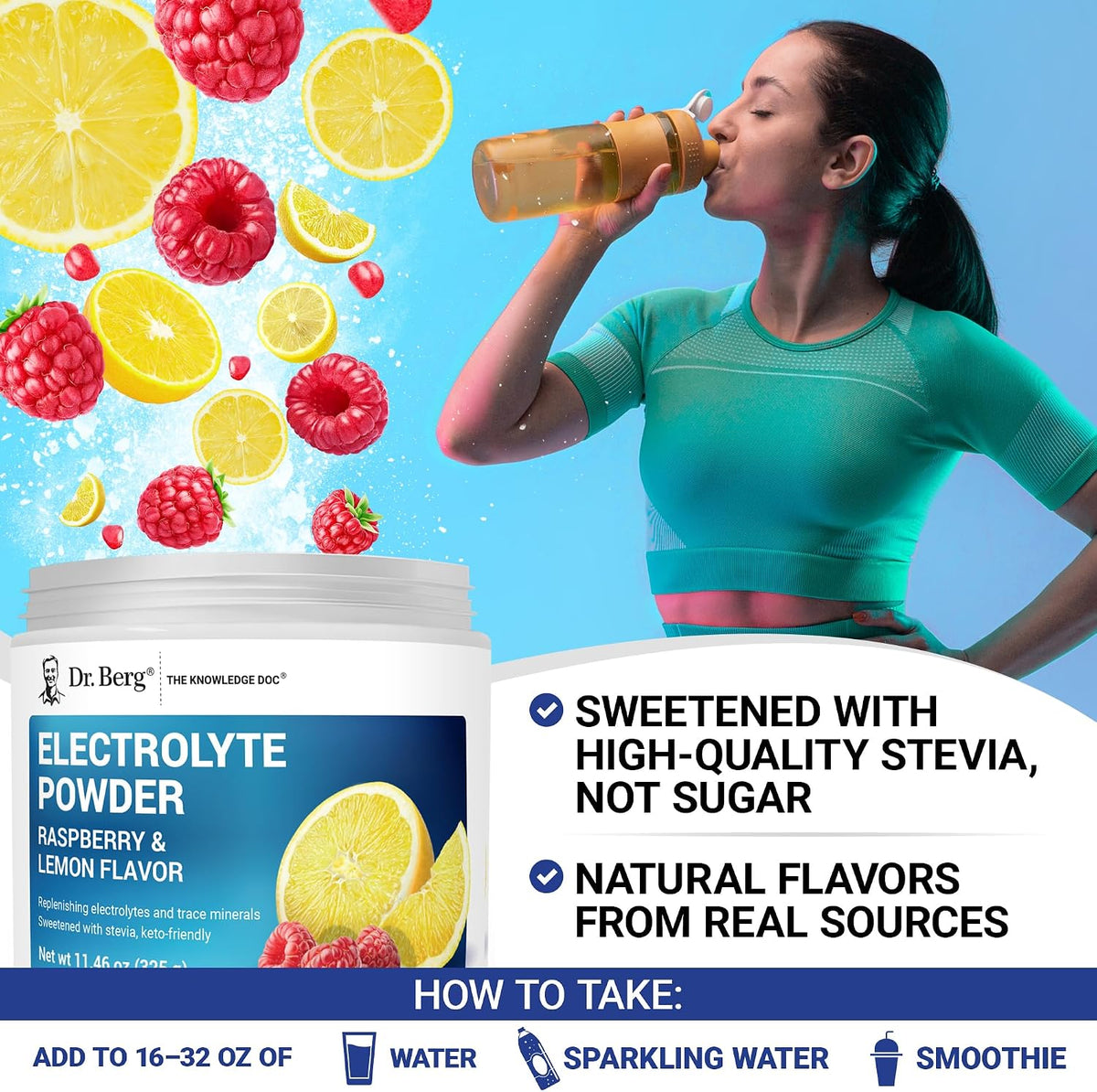 Dr. Berg Zero Sugar Hydration drink mix dissolved in a clear water glass.