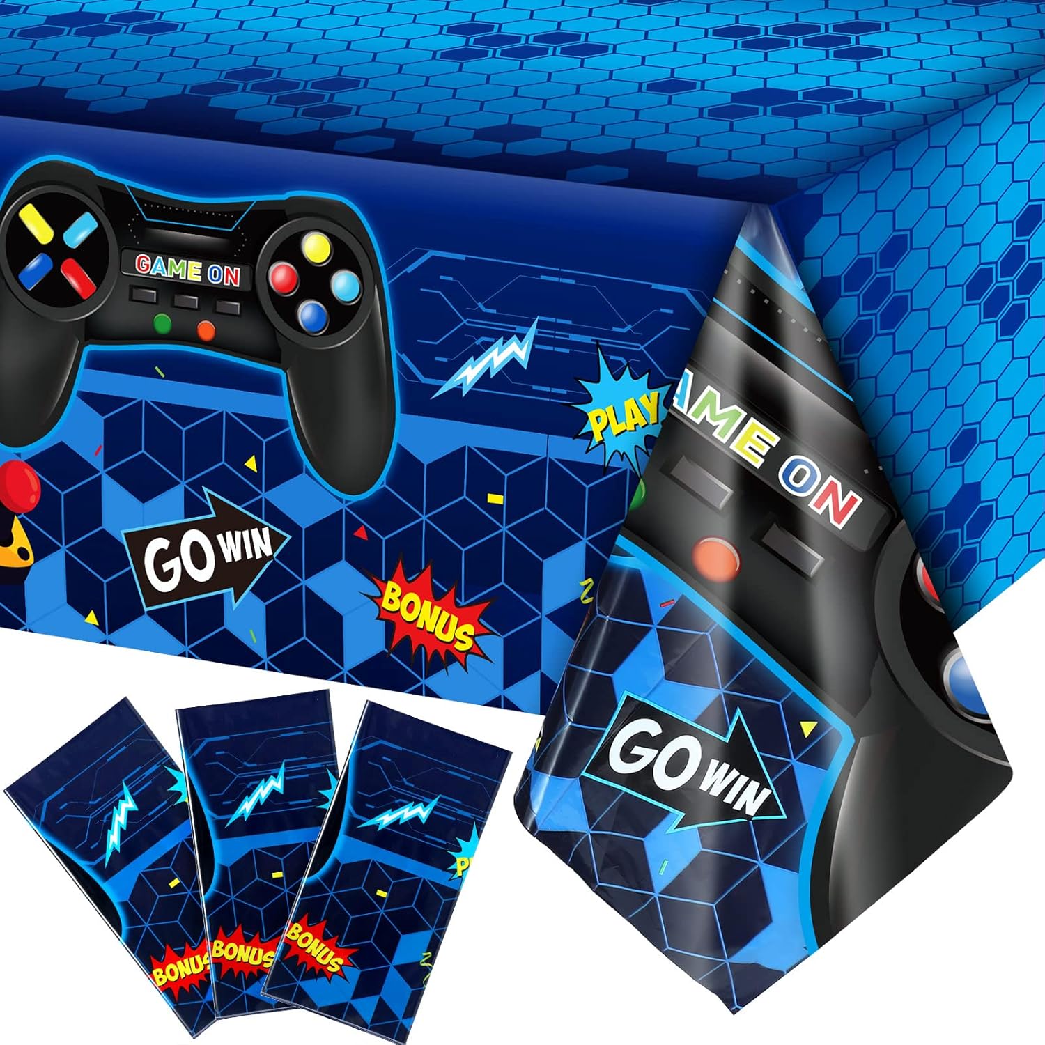 Tatuo video game table cover pack front view showing blue gamer theme design