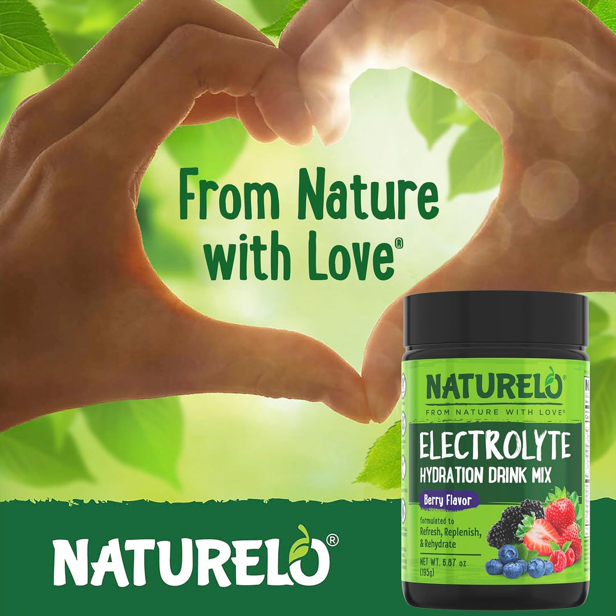 Naturelo electrolyte supplement jar with berry graphics