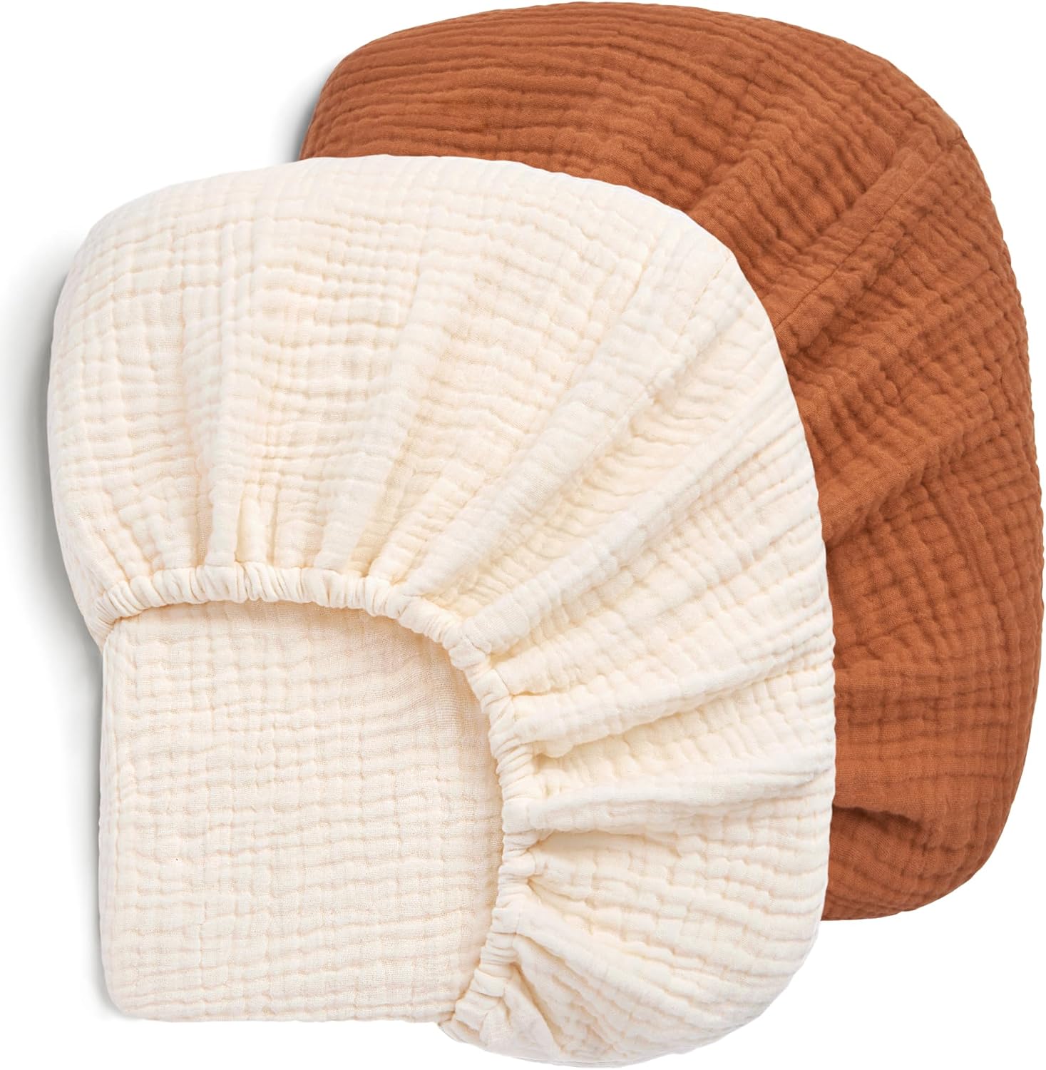 Pro Goleem Muslin Pack n Play Sheets front view showing the brown and beige two pack premium cotton bedding set.