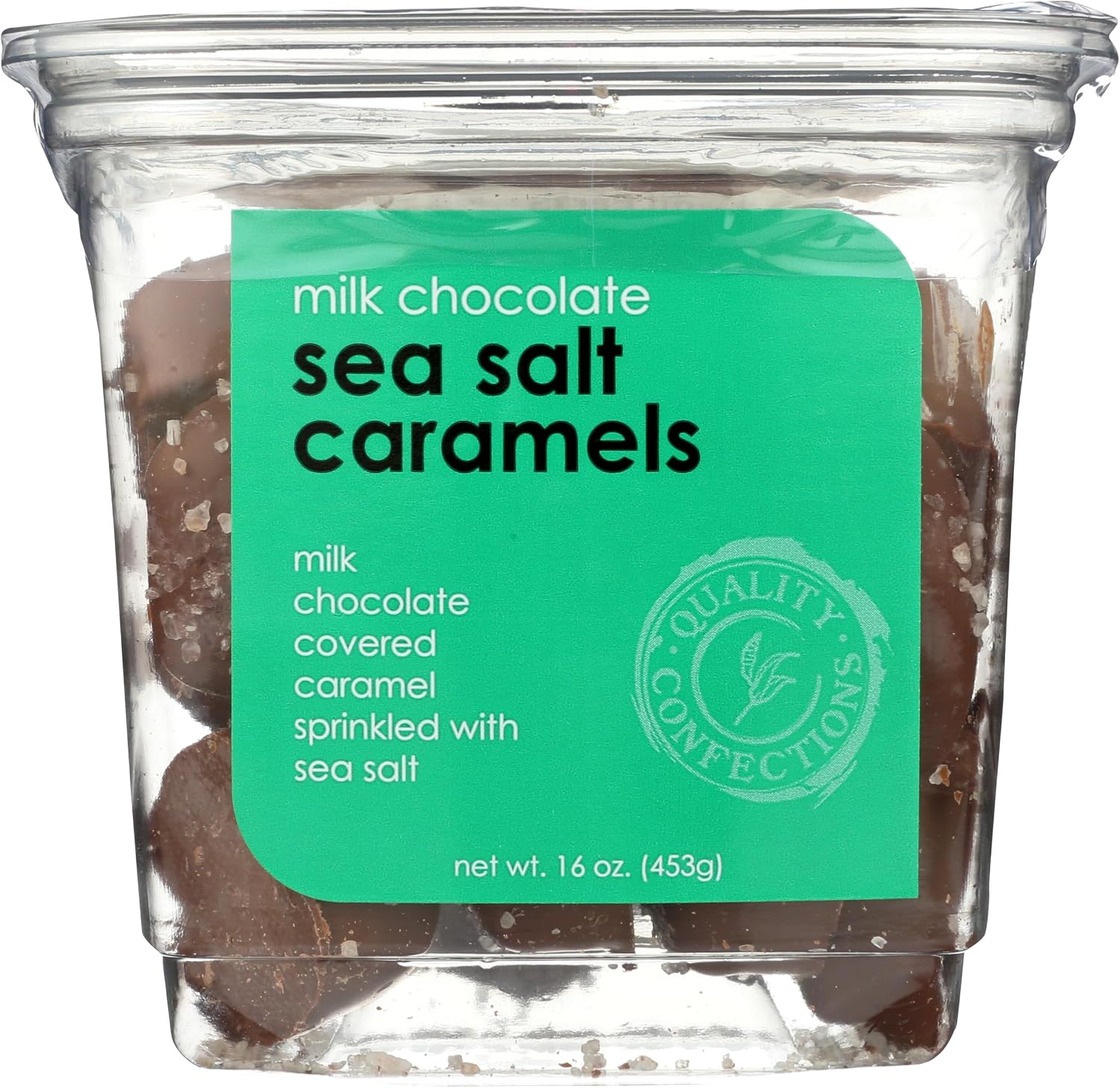 Nassau Candy Milk Chocolate Sea Salt Caramels 16 Ounce front view clear tub packaging