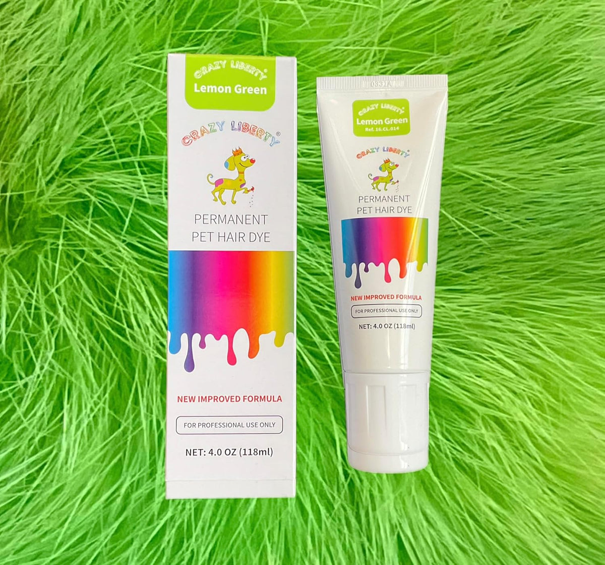 Crazy Liberty pet dye Lemon Green tube back packaging showing safe ingredient list