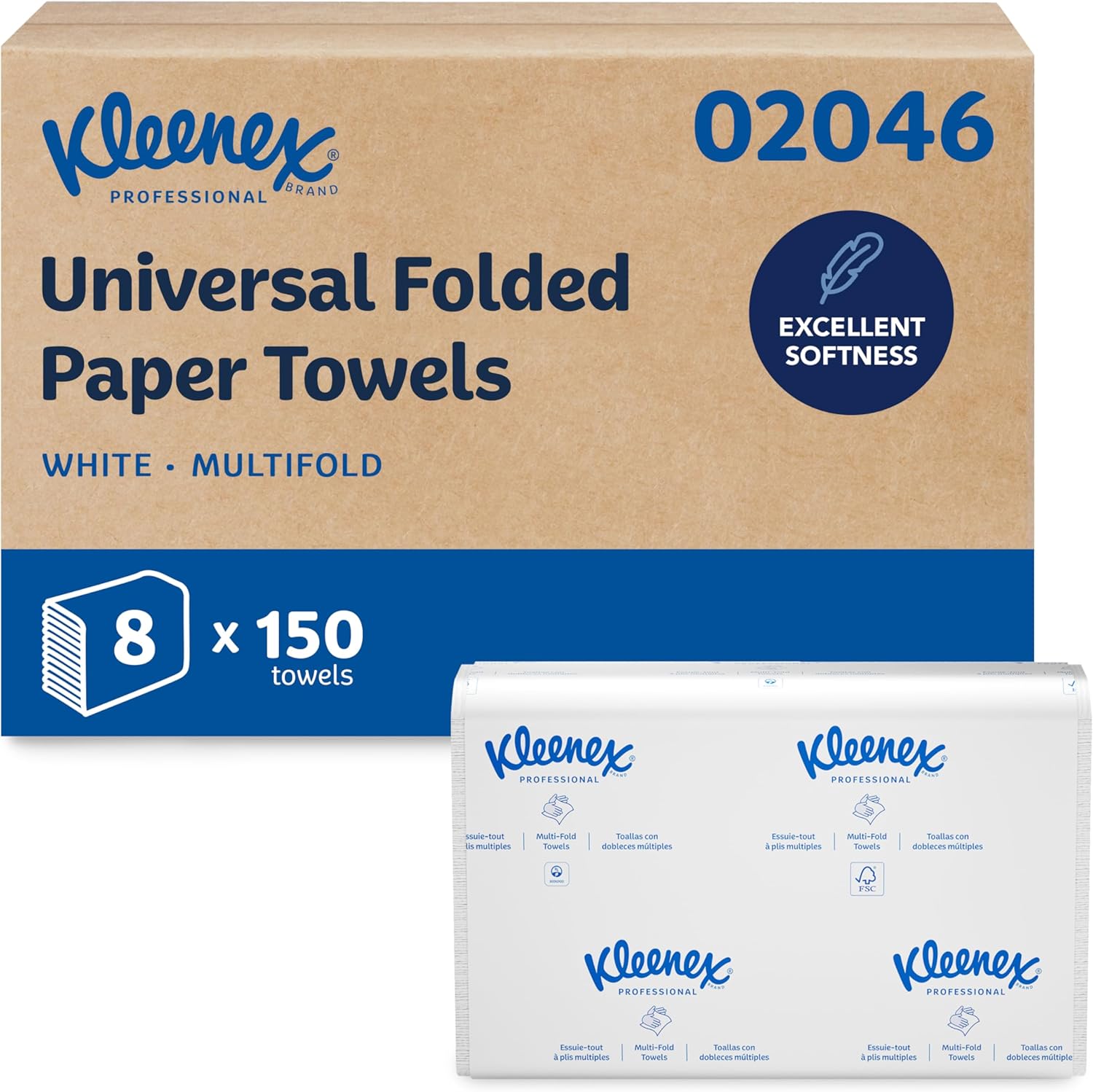 Kleenex Professional Universal Multifold Paper Towels, Bulk (02046), Absorbency Pockets, 9.2" x 9.4" Towel, White (150 Sheets/Pack, 8 Packs/Case, 1,200 Sheet Total) - Image 1