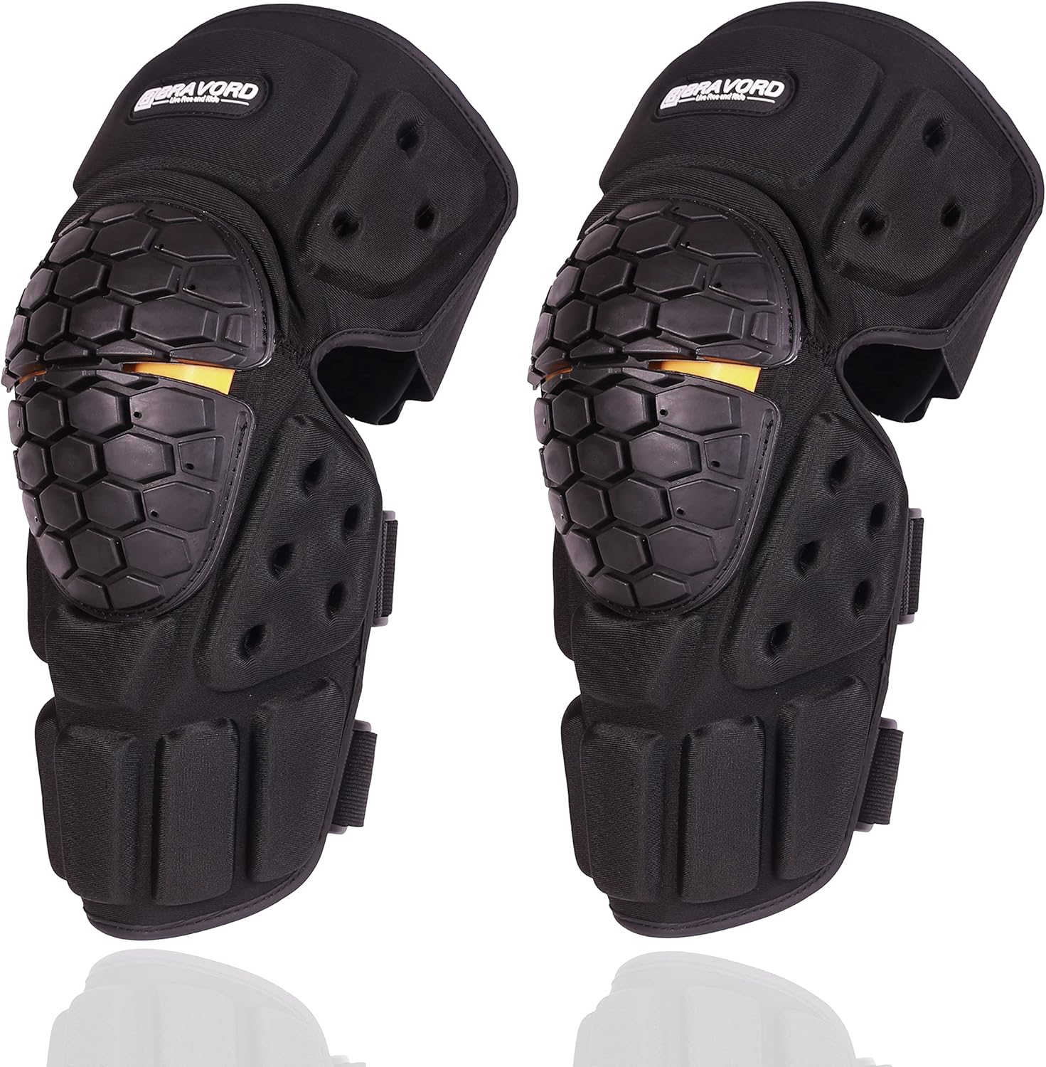 Bravord motorcycle knee pads front view showcasing black high impact polypropylene outer shell