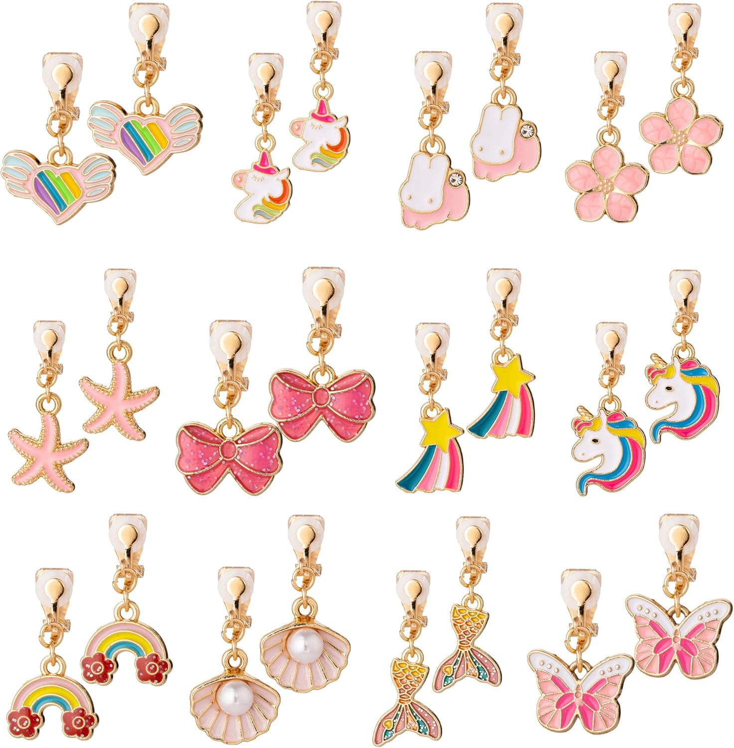 Pasemm 12 pairs kids clip-on earrings set front view of various designs.